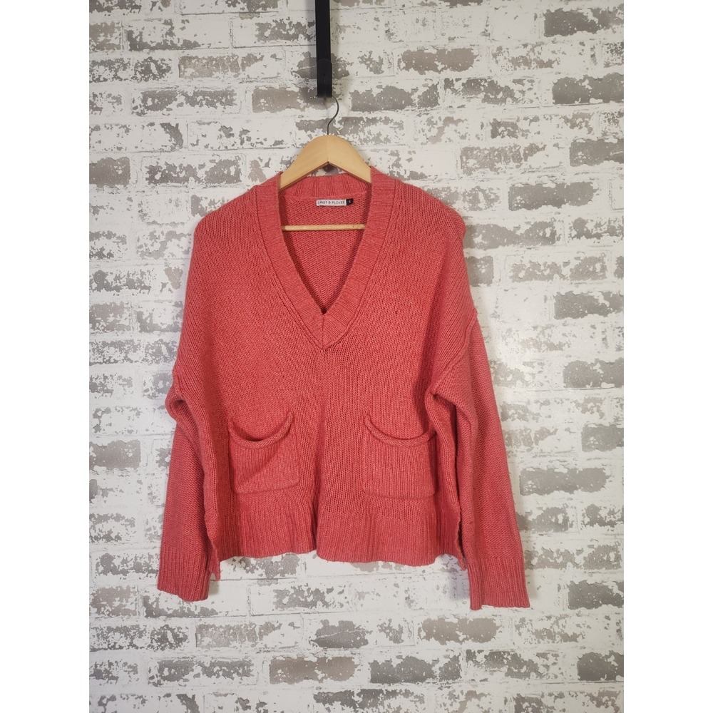 Zacket & Plover Cashmere Wool V-Neck Sweater Coral Pink Oversized Pockets Small
